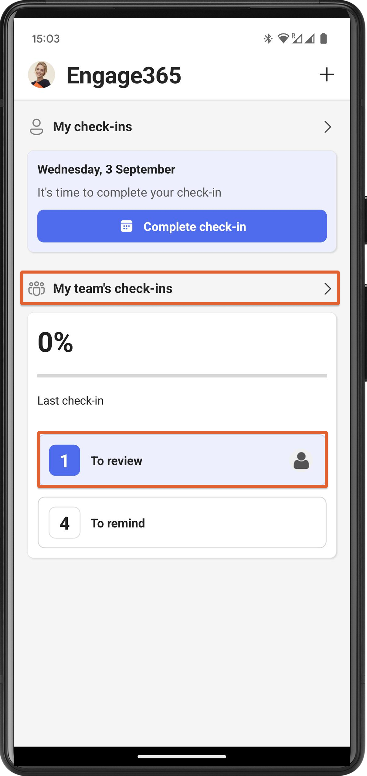 Open check-ins ready for review for managers who have their own check-ins