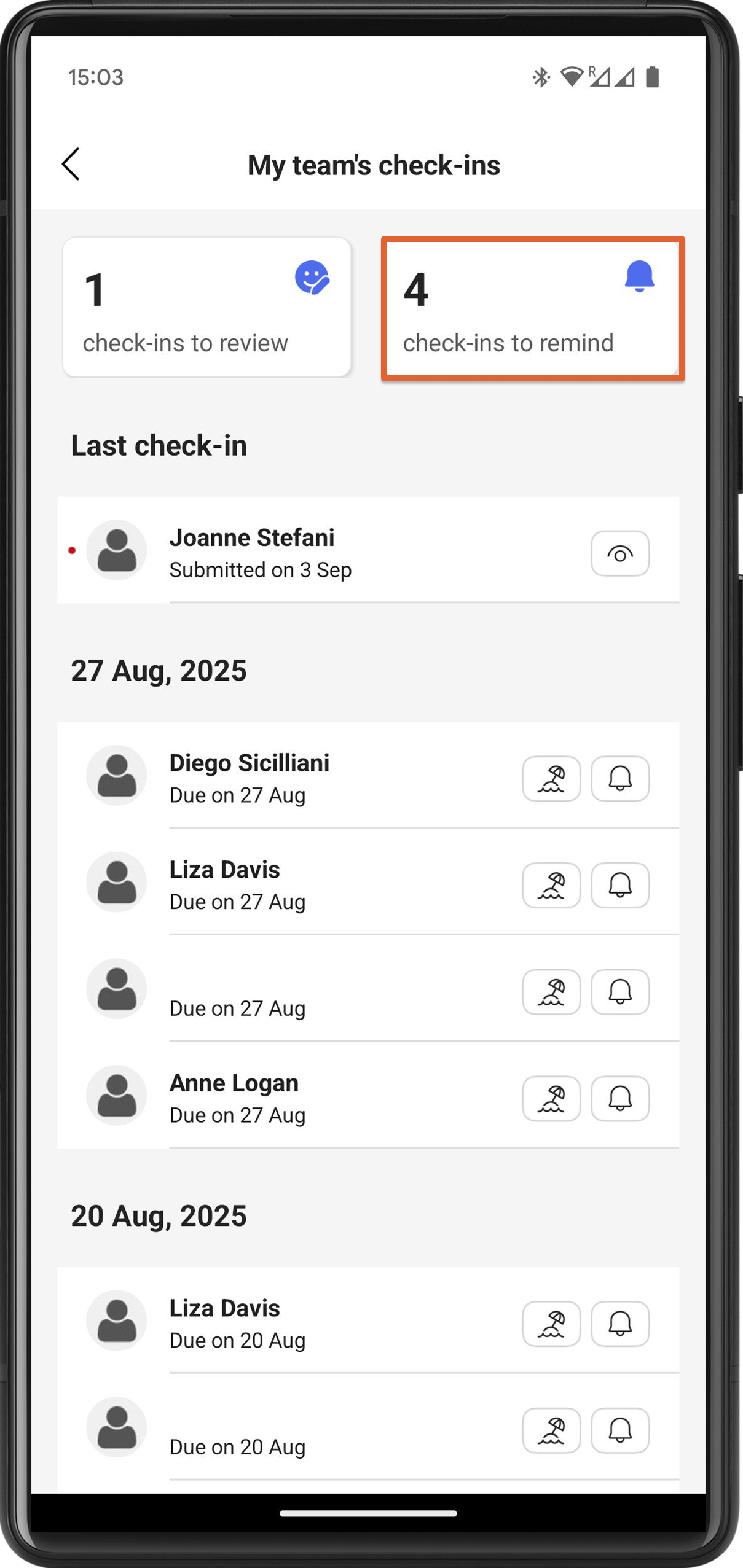Panel "Zu erinnernde Check-ins"
