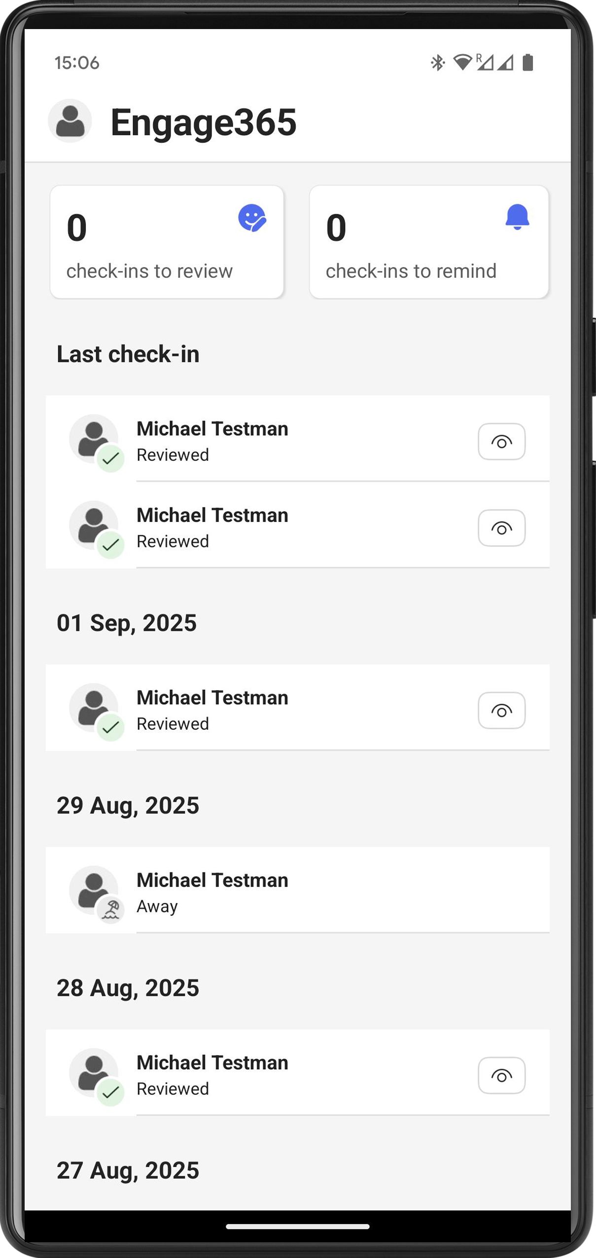 Ansicht der Manager, die keine eigenen Check-ins einreichen