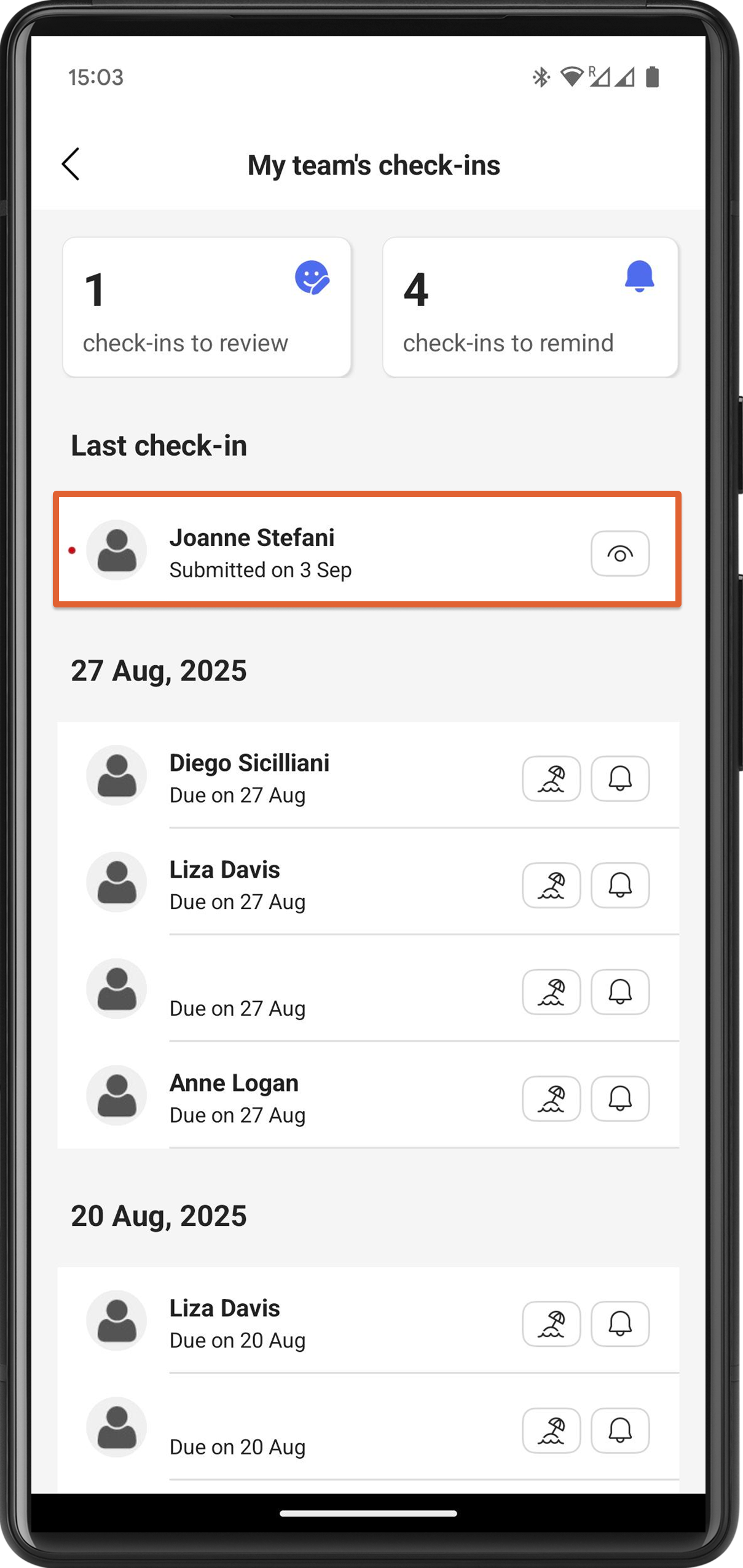 Ein Check-in mit einem roten Punkt ist zur Überprüfung bereit