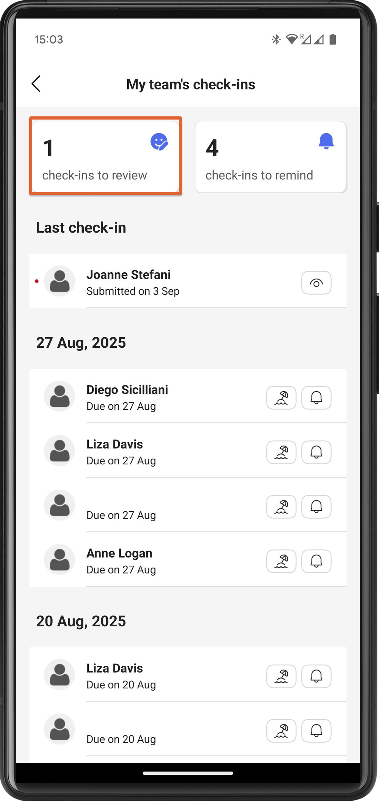 Bereich „Zu überprüfende Check-ins“